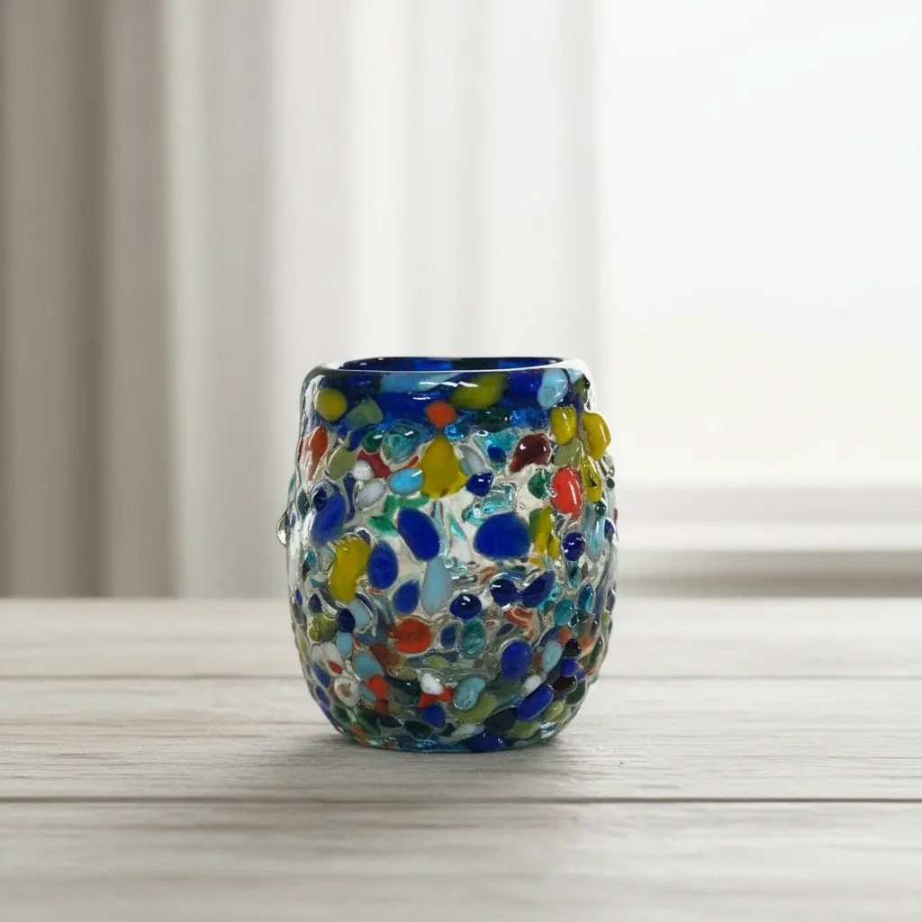 Hand-Blown Confetti Shot Glass | Blue Rim Mexican Glassware