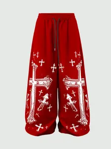 Men's Fashion Graphic Pants, Creative Cross Print, Casual Fitted Sweatpants, All Seasons, Trendy and Versatile
