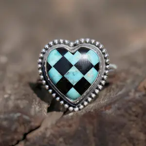 Western boho ring.Adopting a heart-shaped checkered inlay.Western cowboy / Navajo ethnic style.Turquoise lover gift.Country concert outfit.Western wedding accessory.