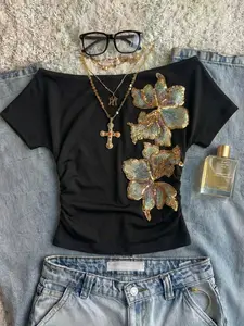 French One-Shoulder Sequin Flower T-Shirt, High Waist Slimming Short Sleeve, Street Fashion, Summer Vacation, Casual Style, Photo