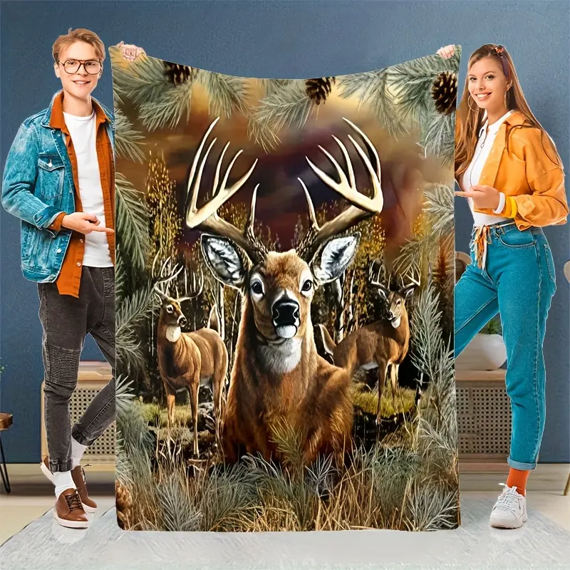 Traditional Wrinkle-Resistant Durable Flannel Blanket - Elegant Forest Deer Herd Print, Cozy Style, Soft Warm Family Gift, Machine Washable, Suitable for Sofa, Bed