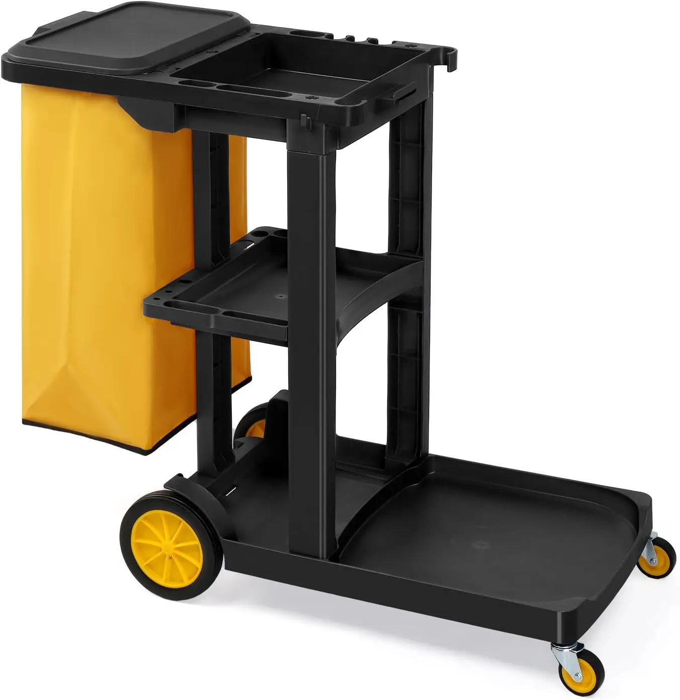 Commercial Grade 3-Shelf Janitorial Utility Cart - Durable Plastic Business Equipment with 500 Lbs (Above 25 kg) Capacity, Wheels, Yellow Vinyl Bag, Lidded Cover, Racks for Home Supplies Housekeeping Convenience