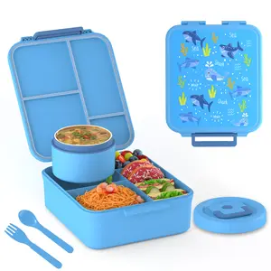 Nifogo Kids Bento Lunch Box Set - 8oz Insulated Soup Thermos, 4-Compartment Hot Food Jar, Blue Tin Canister Tableware Containers for School, Travel (Home Supplies Organizer)