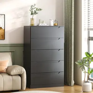 Black 5 Drawer Dresser, Tall Dresser, Wooden Dresser for Bedroom, Chest of Drawers with 5 Drawers, Modern Closet Store Organizer for Living Room, Hallway