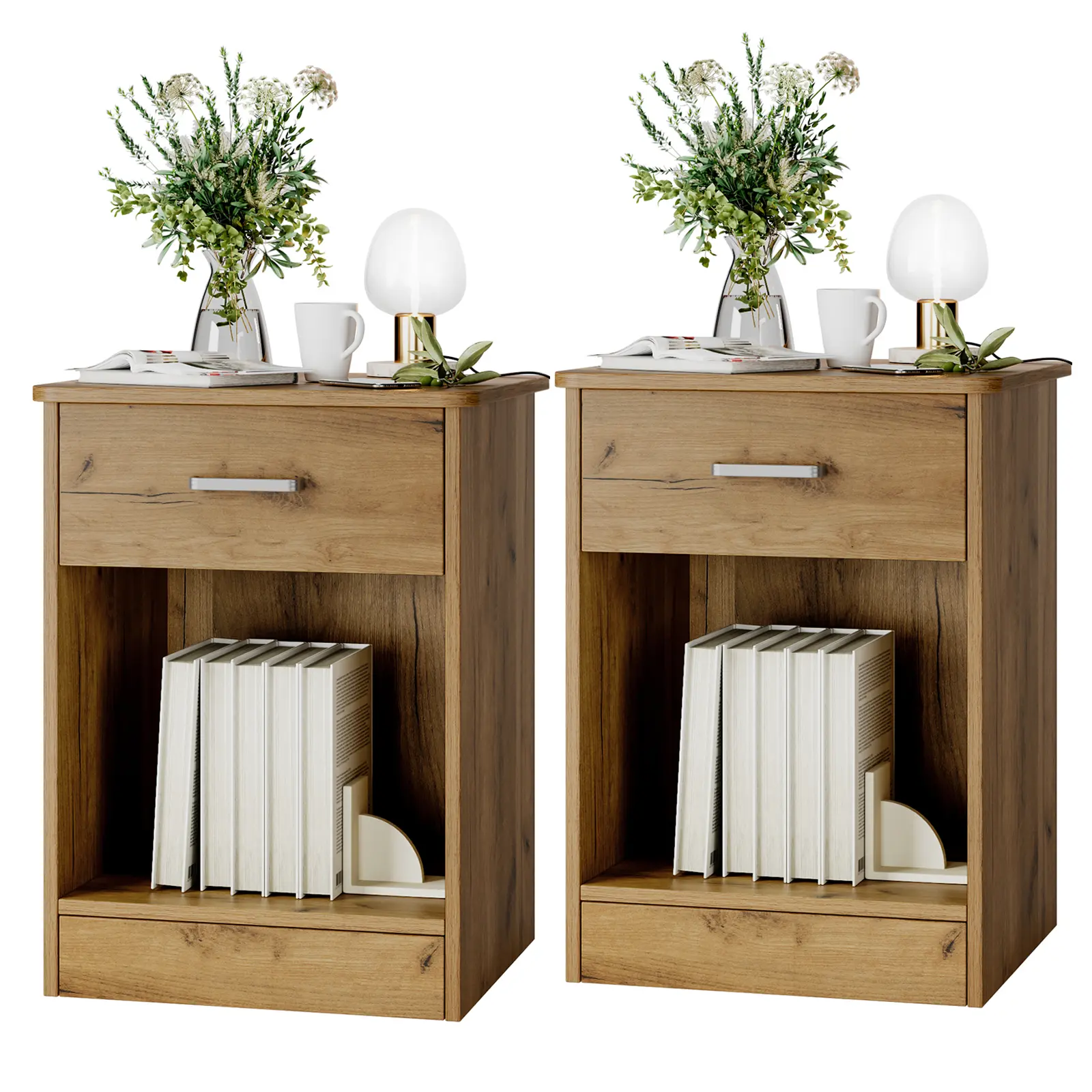FOTOSOK Nightstand Set of 2, Nightstad with Drawer and Storage Cabinet, wood Wooden open Night Stand End Table Bedside Table for Bedroom, 2 Pcs， #Summervibes
