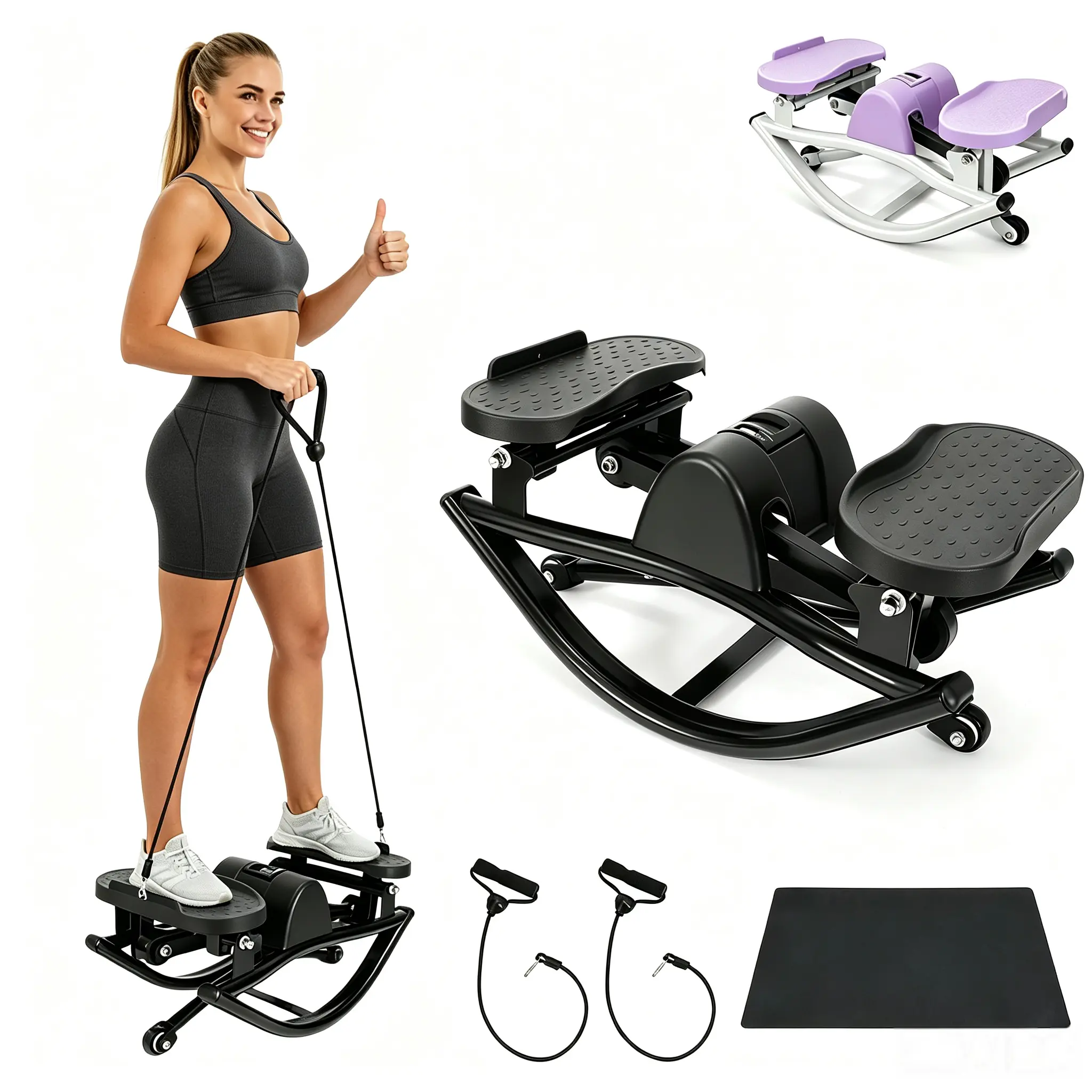 Lateral Rocking Stepper Machine with Resistance Bands & Mat, Portable Mini Twist Stepper for Home Workout, Low Impact Cardio Fitness Equipment