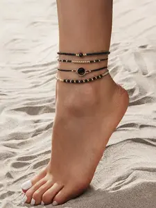 Elegant Geometric Beaded Ankle Bracelet Set, 4-Piece Stretchy Layered Foot Jewelry, Anklets, Plain Copper Chain, All Seasons Accessory