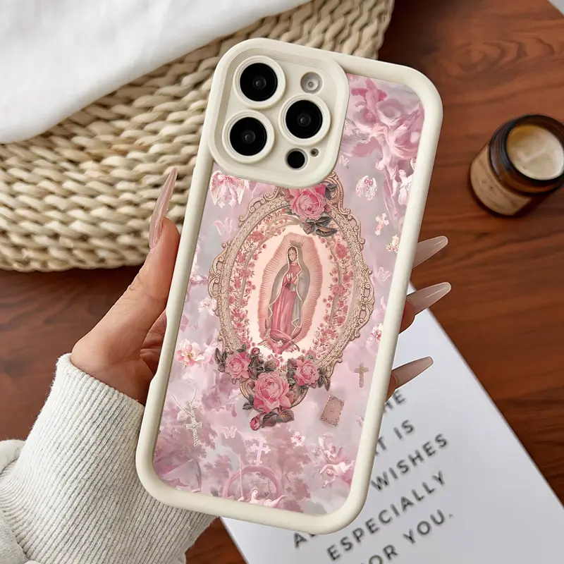 Softcase for iPhone11/12/13/14/15/16/17/promax/x/xs/xr/xsmax CasePink Floral Our Lady of Guadalupe Anti-Fall Shockproof Protective Slim Cover, Flower, Accessories, Smartphone, Cellphone Screen Protector
