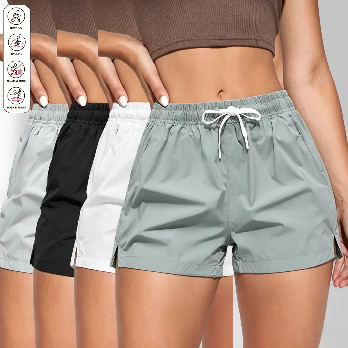 4-pack women’s solid-color athletic casual shorts—fitness shorts, women’s activewear—suitable for hiking, golf, and everyday leisure; features a zipper and multiple pockets; quick-dry outdoor mountaineering and fitness shorts.