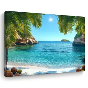 1 Piece Wooden Frame Canvas Painting - Tropical Beach Scenery, White Beach, Palm Trees and Turquoise Ocean - 29.97x 39.88cm Home Decorative Wall Art - Perfect Christmas Gift for Her or Him, Beach Theme Decoration, Modern Home Decor