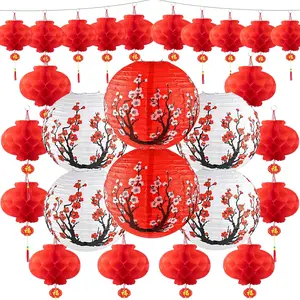 26 Pcs Hibachi Party Decorations Contains 6 Japanese Lanterns with Cherry Blossom Patterns, 20 Chinese Red Lanterns for Chinese New Year Home Restaurant Hibachi Party Japanese Restaurant
