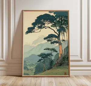 Vintage Japanese Forest Poster, Tranquil Mountain Landscape Wall Art, Retro Nature Print, Minimalist Tree Scene, Serene Home Decor