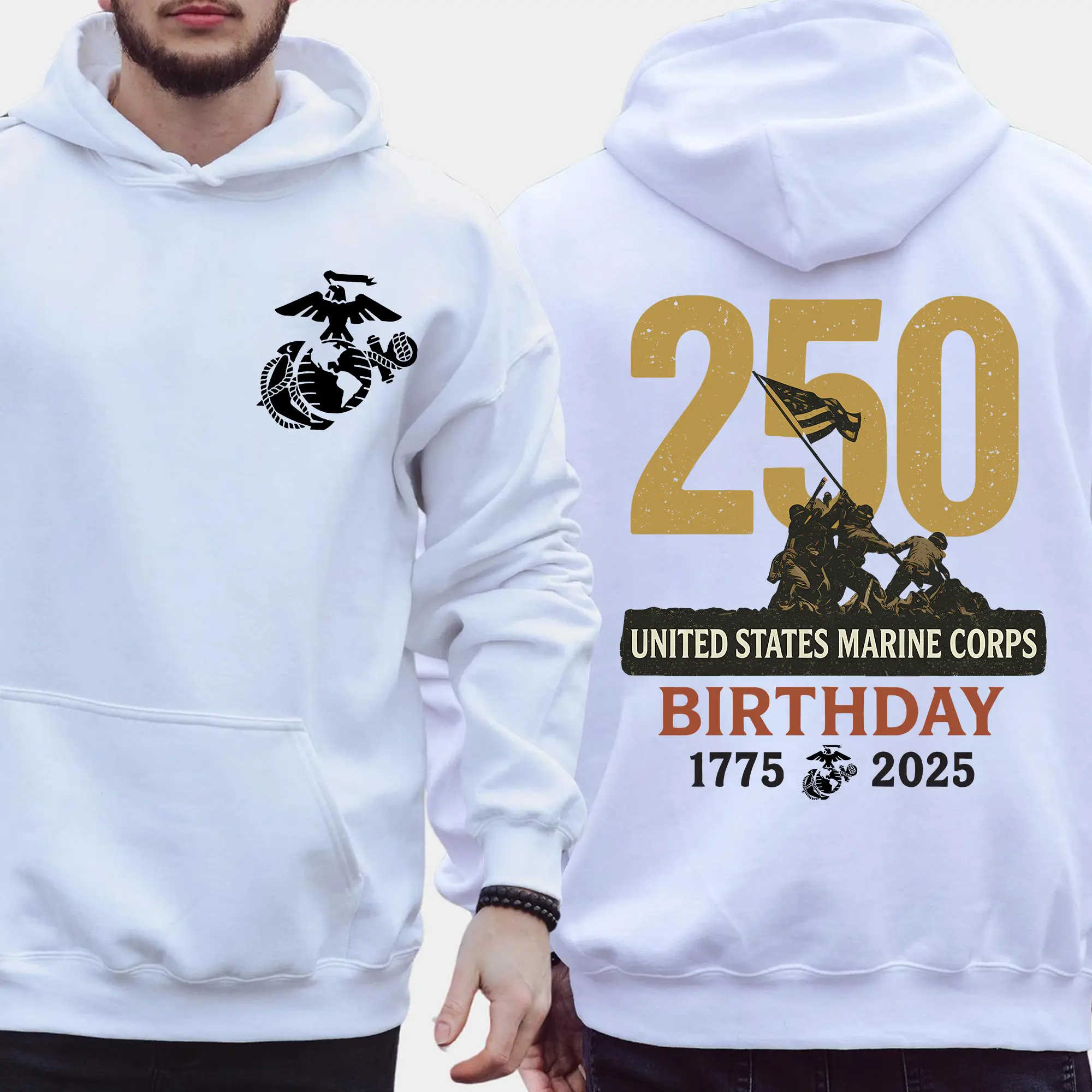 Marines 250th Birthday Hoodie, USMC 250 Year Anniversary Pullover, Proud Military Tribute Gift for Veterans or Family, Perfect for Christmas, Made in USA