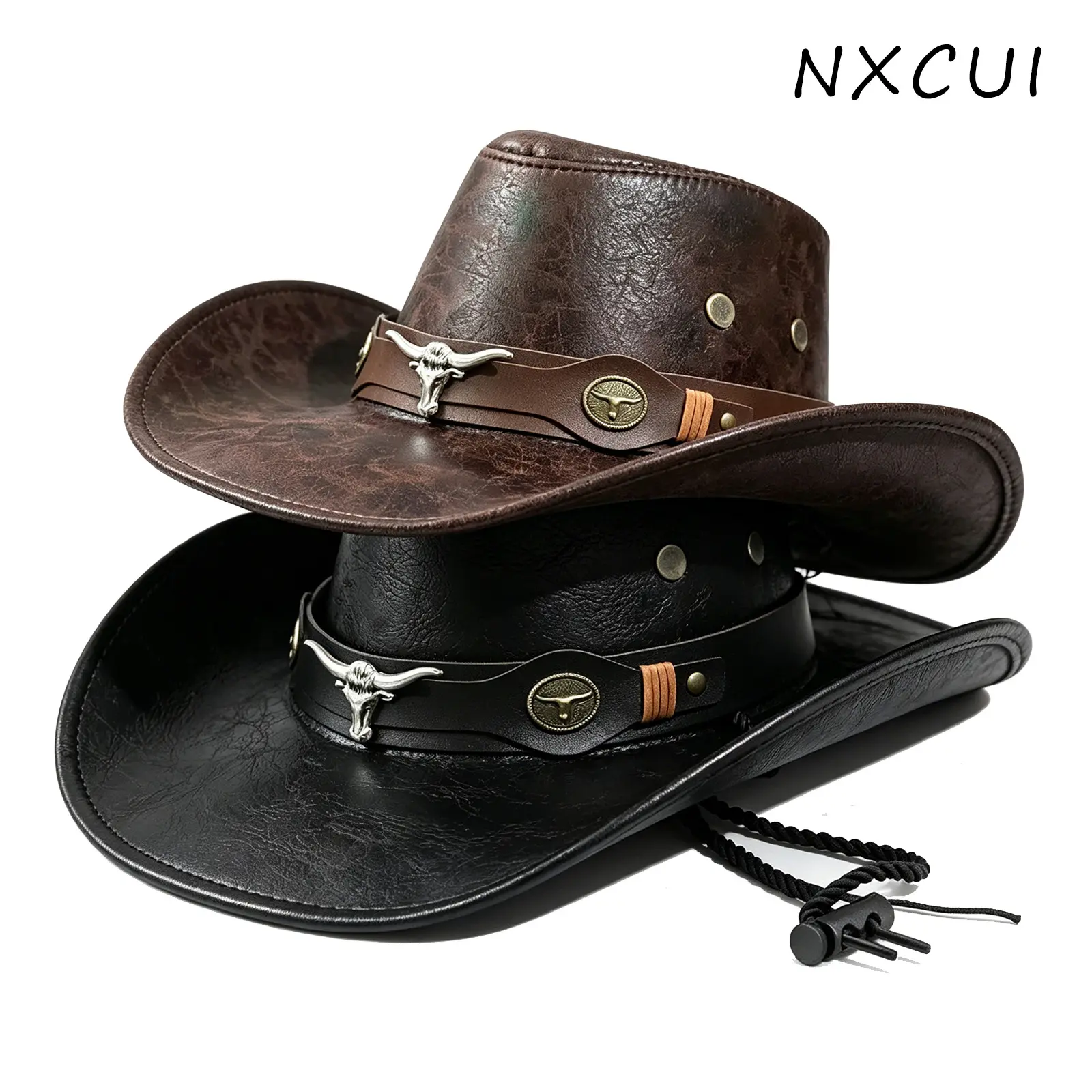 Vintage Wide Brim Decorative Hat, PU Faux Leather Cowboy Style Hat, Metal Bull Head Ornament Adjustable Wind Rope, Casual Outdoor Travel Costume Headwear Cowgirl Hats Bohemian Western Sunhat