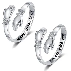 Women's 2PCS Adjustable Engraved Silver Hug Rings - Inspirational "Always With You" Message, Jewelry Gift for Females for Birthday, Holiday Accessory