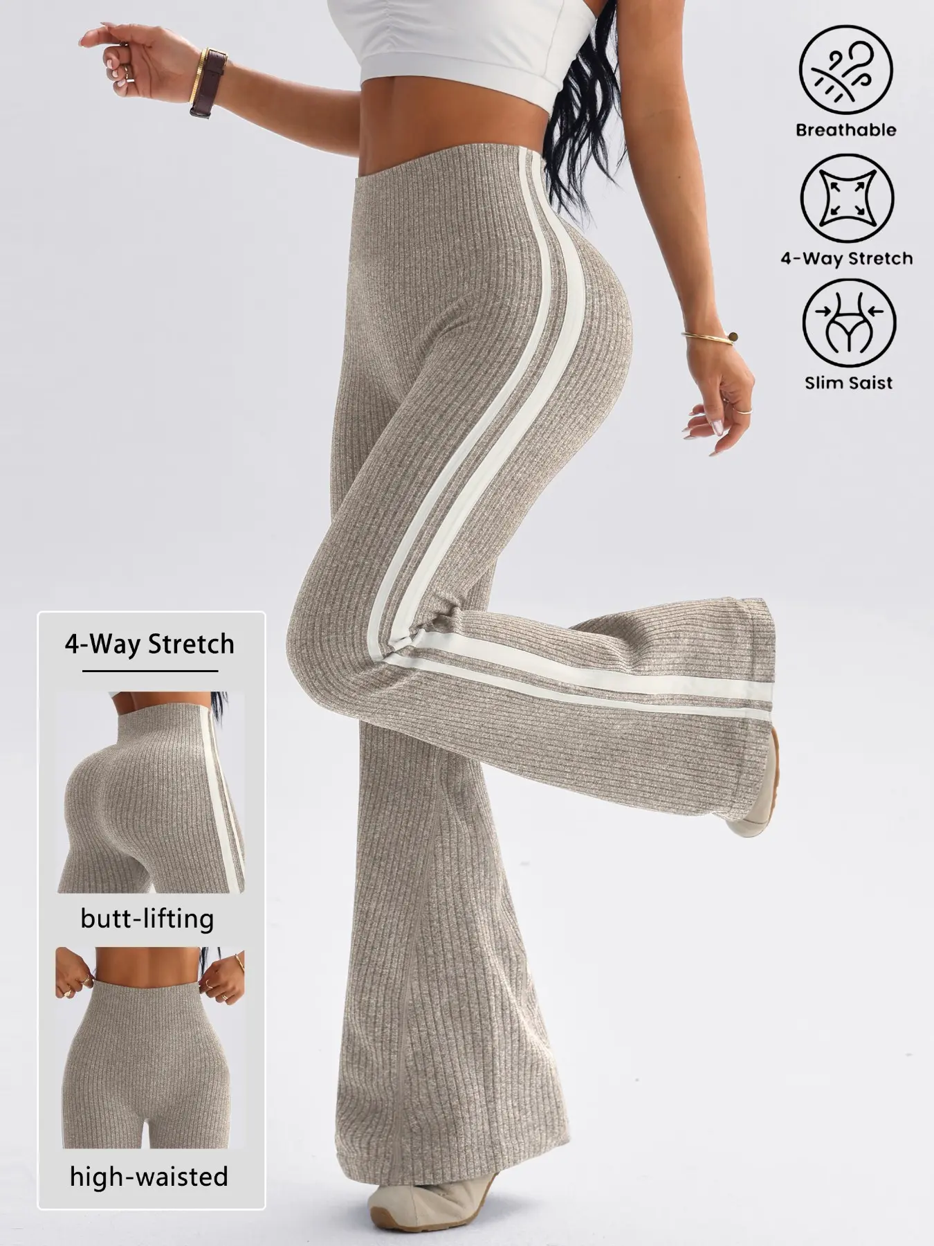 Women's Seamless Knitted Flared Yoga Bottoms Pants, High Waist Activewear Butt Lifting, Sporty Casual Fashion, Athleisure Style Bottoms, All Seasons Wear, Slim-Fitting, Knitted Sports Pants, High Waist Sportswear