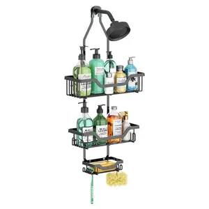 Rustproof Hanging Shower Caddy Bathroom Organizer Extended Length Over Shower Head with Hooks Soap Holder No Drilling for Easy Installation