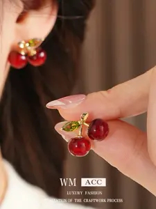 Valentine's Day Gift Cherry Earrings, Gradient Cherry, Zircon Leaf & Copper Design, Secure Studs, Soft Touch, Fashionable Women's Jewelry