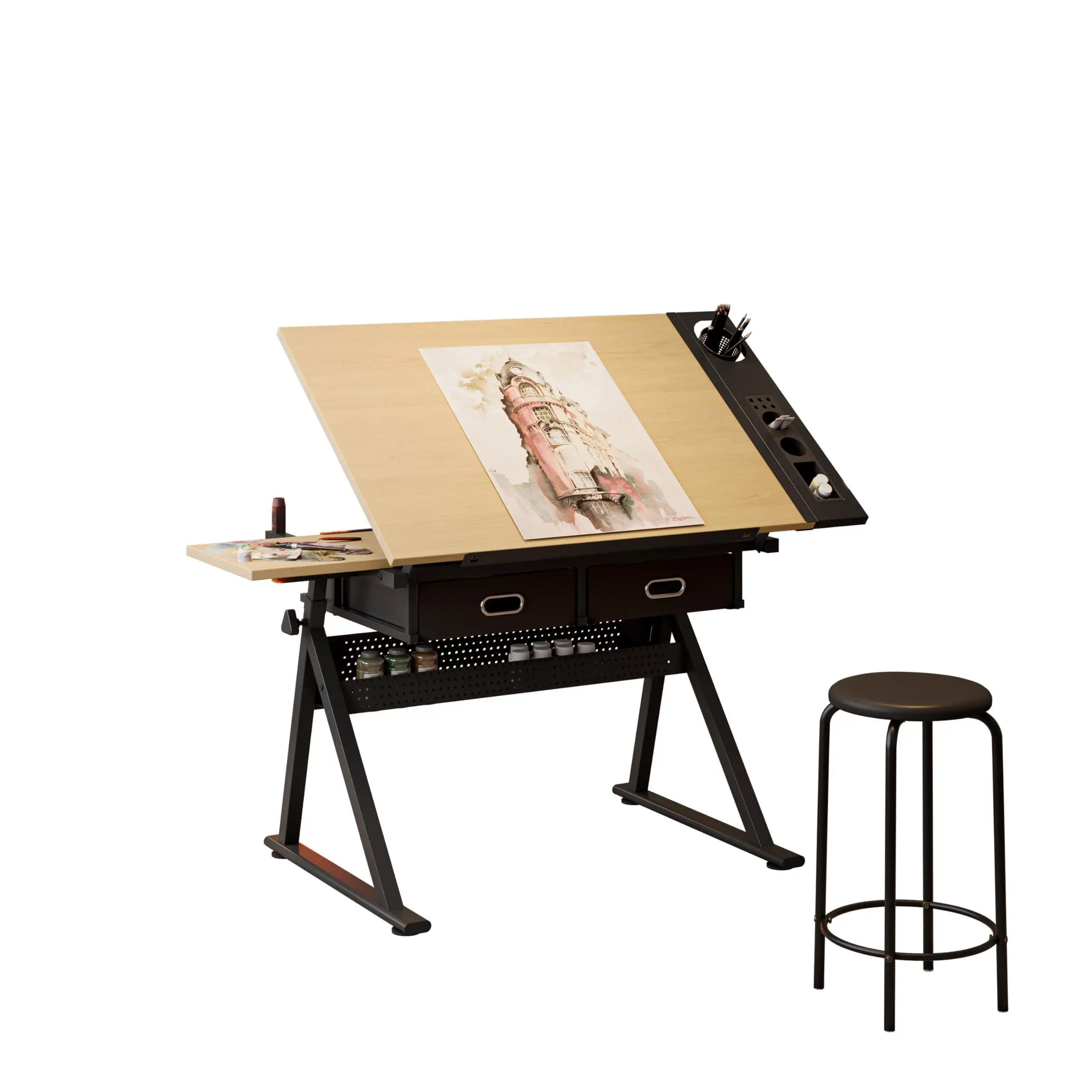 Height Adjustable Drafting Table, 0-75° Tilting Tabletop with 2 Storage Drawers and Stool, Drawing Table Artist Desk for Adults, Watercolor Paintings Sketching Workstation for Home Office,Natural
