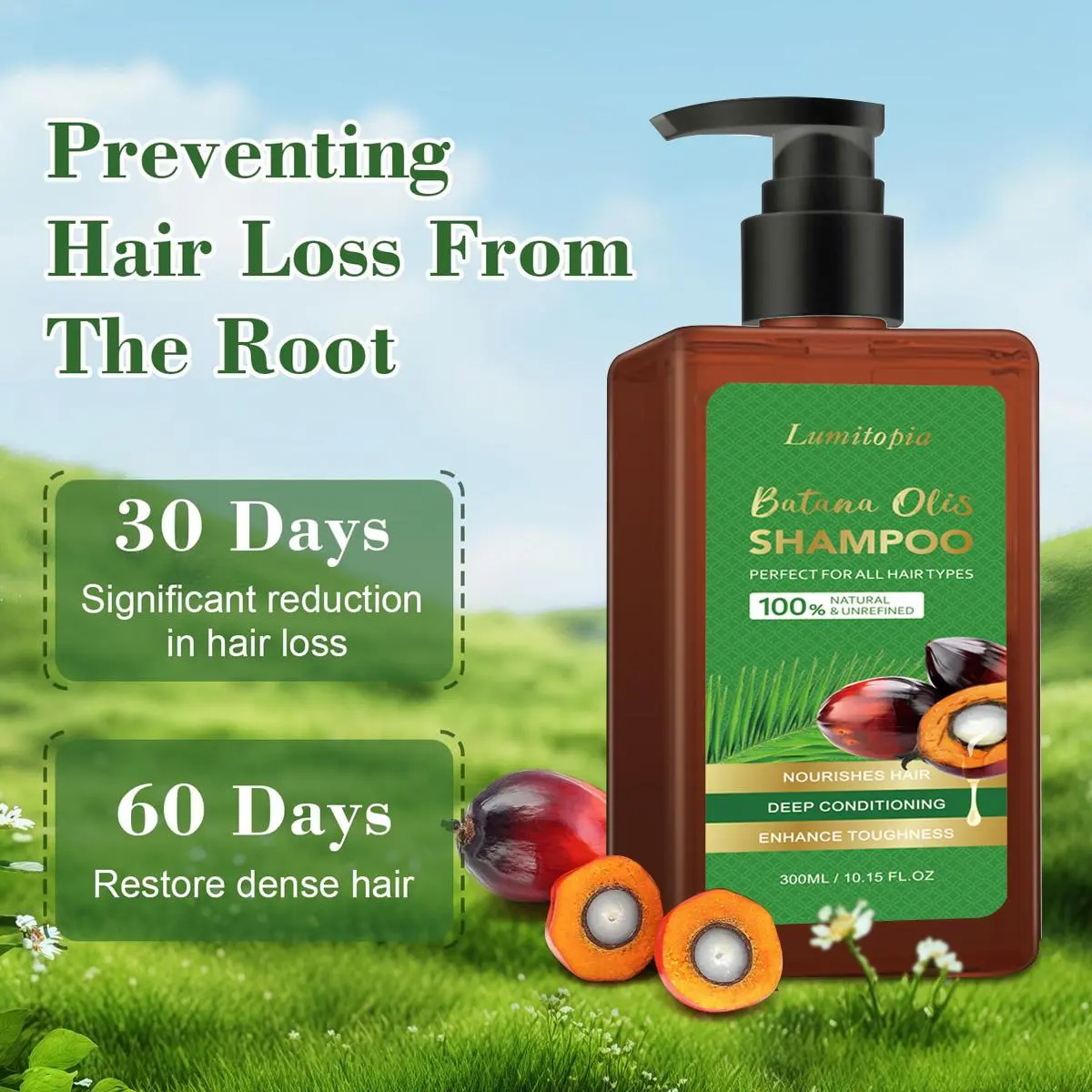 LUMITOPIA Batana Oil Natural Shampoo - Liquid, Single Bottle, Promotes Hair Growth, Strengthens, Cleanses, with Natural Extracts for Healthy Hair, 10.14 oz (300ml) for Daily Use Haircare, Cleanser, Natural Extract Care