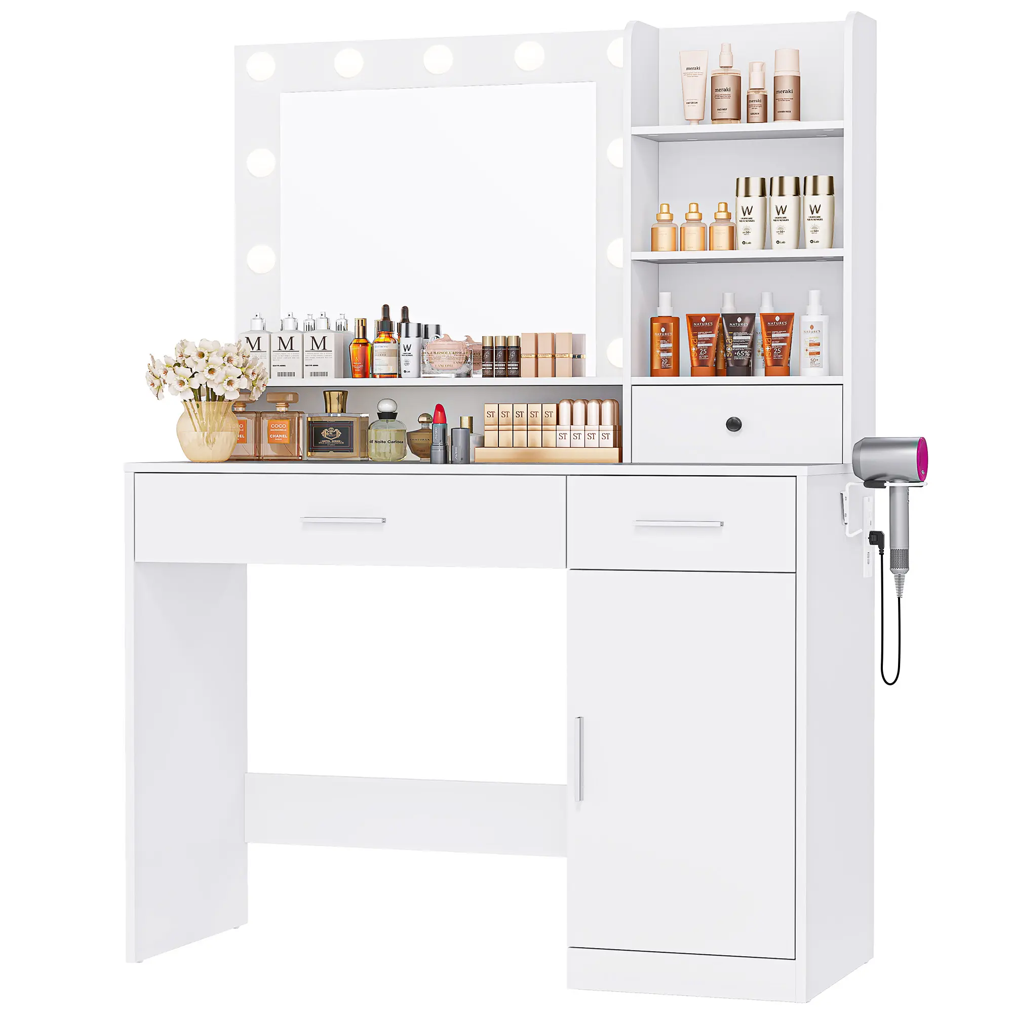Makeup Vanity Set - All-White Contemporary Indoor Freestanding Dressing Table with LED Lighted Adjustable Mirror, Power Outlet, 3 Drawers, 6 Storage Shelves & Bedroom Storage Stool, Contemporary Dressing Tables, Adjustable Color Makeup Vanities, All White