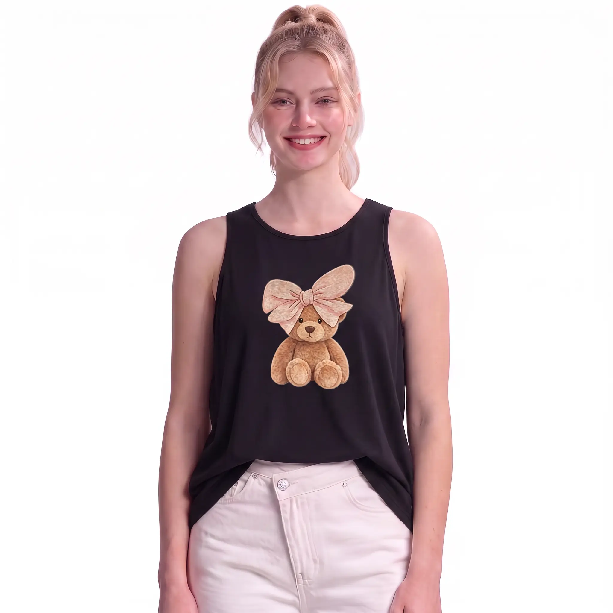 Teddy Bear Tank Top with Bow Design for Women - Black Sleeveless Top with Adorable Teddy Bear and Bow Detail Casual Chic Day Love