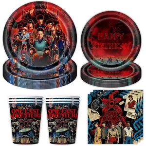 50Pcs Stranger 5 TV Party Tableware Sets, Movie Theme Birthday Decoration Supplies, Including 7″ and 9″ Paper Plates, Napkins and Paper Cup for Boys Girls Theme Party