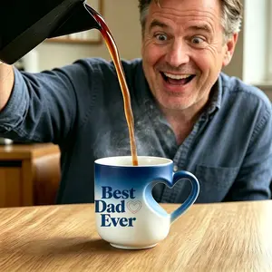 1pc Father's Day Gift, The Best Dad Text Design Color Changing Coffee Mug, Ceramic Mug, Blue Mug, Reusable, Perfect Gift for Father's Day, Mug With Heart-Shape Handle, Creative Gift, Gifts for Dad