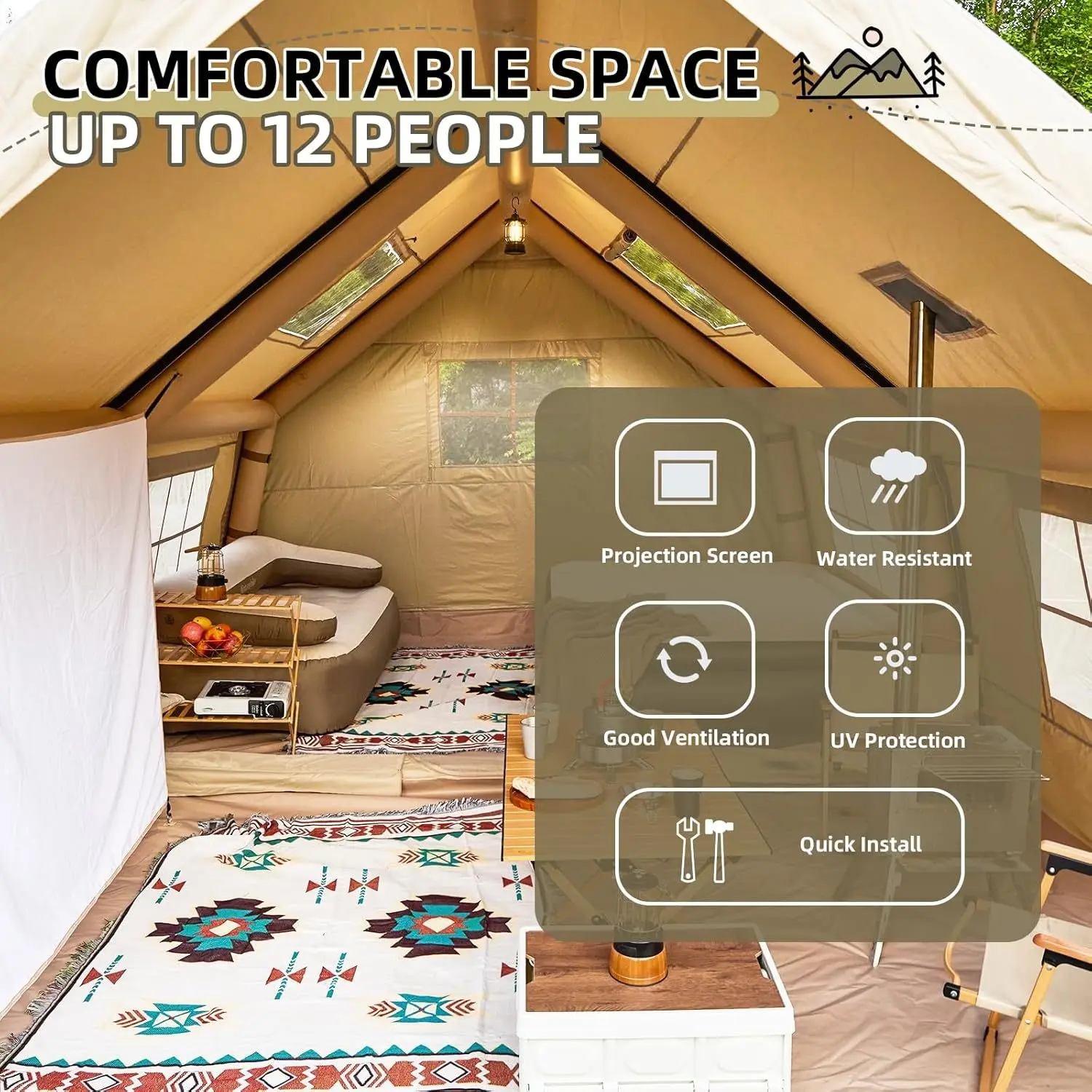 Inflatable Camping Tent for 8-10 People, OYEROL Easy to Set Up Glamping Tent, Measuring 15.7X11.8Ft, And Windproof, Suitable for All Four Seasons, Spacious Family Air Tent with a Movie Screen, Pump, And Stove Roof