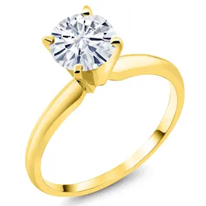Gem Stone King 14K Yellow Gold Near Colorless (GH) Moissanite Solitaire Engagement 4-Prong Ring For Women | 0.80 Cttw | Round 6MM | Gemstone April Birthstone