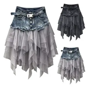 Women's Punk Denim Jeans Pure Patched Lace Skirt High Waist A-line Asymmetric Ruffle Pure Ruffle Midi Skirt Women's BottomRAIMENTRY
