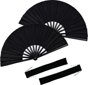 2 Pcs Large Folding Hand Fans - Chinese Tai Chi & Kung Fu Fan with Nylon Cloth, Holder Sleeve - Portable Handheld Fan for Dance Performances, Festivals, Decor - Ideal for Men & Women (Black） Hushiseek