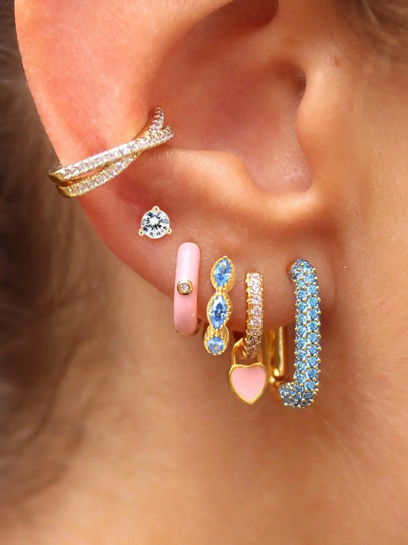 6PCS 24K Gold Plated Cubic Zirconia Stud Earrings Set for Women, Blue Zircon Hoop Earrings Pack, Heart Drop Dangle Earrings Stack