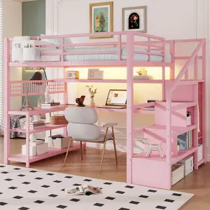 [Bellemave]Full Size Loft Bed with Staircase and Wardrobe, Metal Loft Bed with Desk, Storage Shelves, LED Lights and Charge Station, Pink(Expect Arrival Date 2025/12/15)