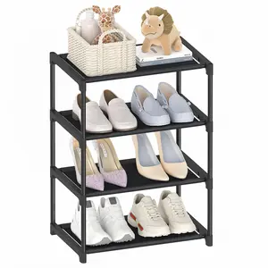 4 Tier Small Shoe Rack, Narrow Stackable Kids Toddler Adult Shoe Storage Organizer Shelf for Closet Floor Entryway Bedroom, Space Saver Shoe Rack Organization Shelves