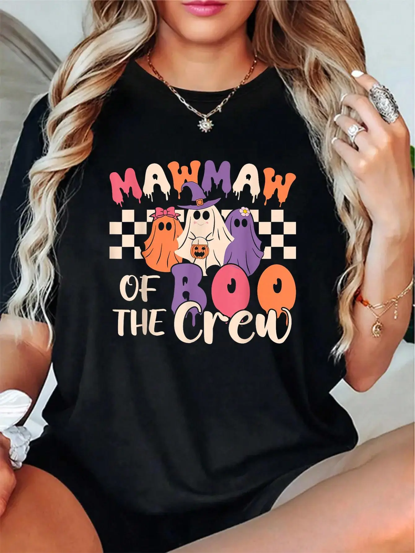 Women's Mawmaw of the Boo Crew 100% Soft Cotton Round Neck Short Sleeve Breathable T-Shirt - Digital Print, High-Res Ghost Spooky & Maple Leaf Art Casual Top, All Seasons Wear, Check Size Chart
