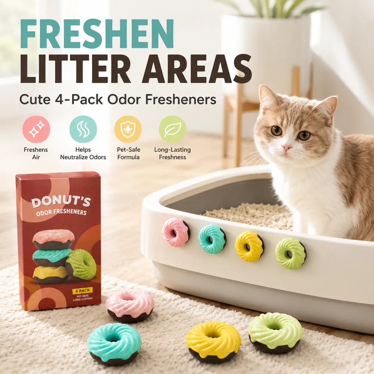 4-Pack Donut Cat Litter Box Odor Fresheners with Washable Adhesive Backing for Pet Areas, Bathrooms & Small Spaces