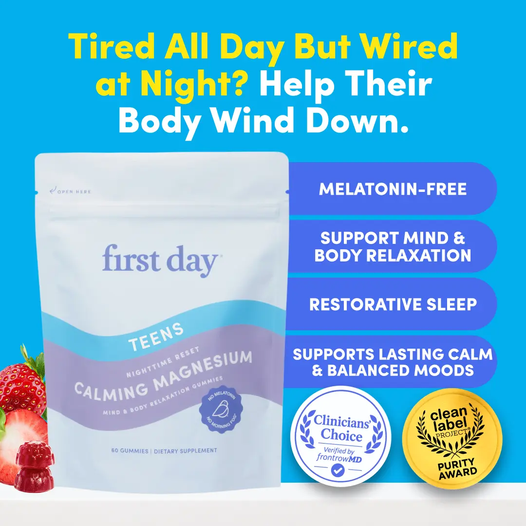 First Day Teen Calming Magnesium Gummies Ages 13-17, Natural Passionfruit Guava Flavor — Magnesium Citrate, Affron — Relaxation, Restful Sleep, Calm Mood, Stress Relief — No Melatonin, 30-Day Supply, Vegan, Non-GMO, No Junk