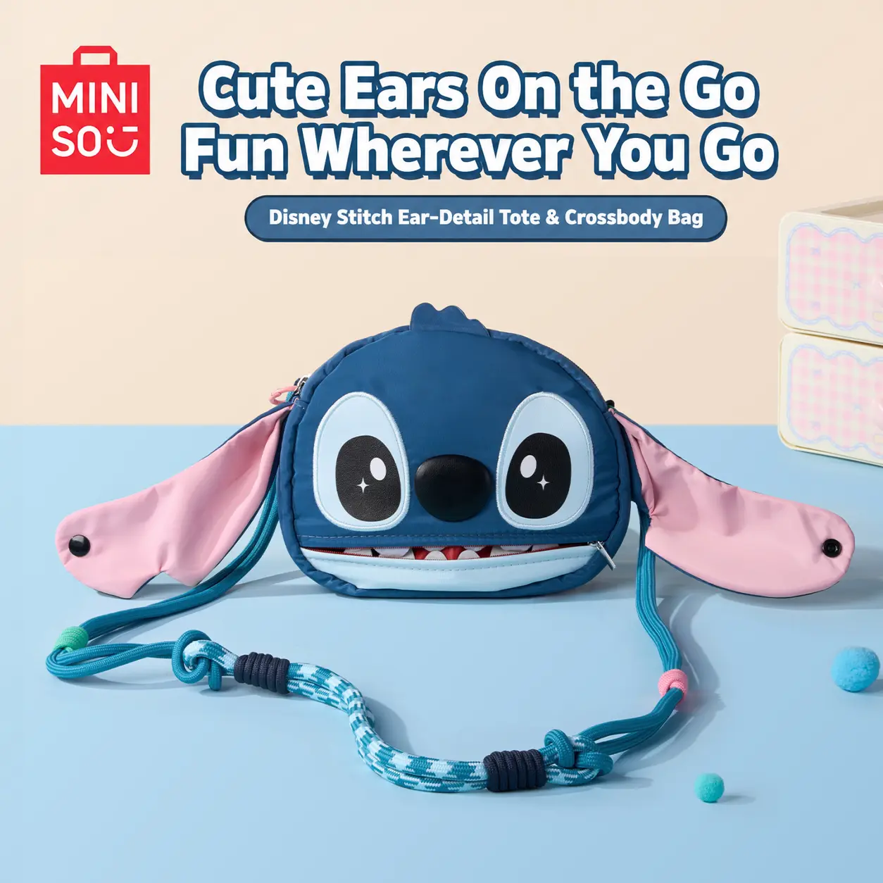 MINISO x Disney Stitch Ear Handle Women's Crossbody Bag, Cute Plush Handbag with Top Handle, Ideal for School & Travel，Back To School