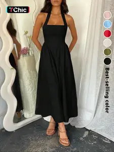 Women's Plain Pocket Zipper Back Dress, Casual Sleeveless Halter Neck A Line Dress for Summer, Ladies Clothes for Beach Holiday, Brunch Dresses, Casual Wear, Womenswear
