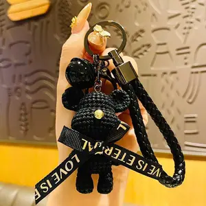 New Leather Weave Rope DIY Bear Keychain Cartoon Cute Animal Doll Keyring for Women Couples Bags Cars Charms Key Chain Girls’ Gift 2022