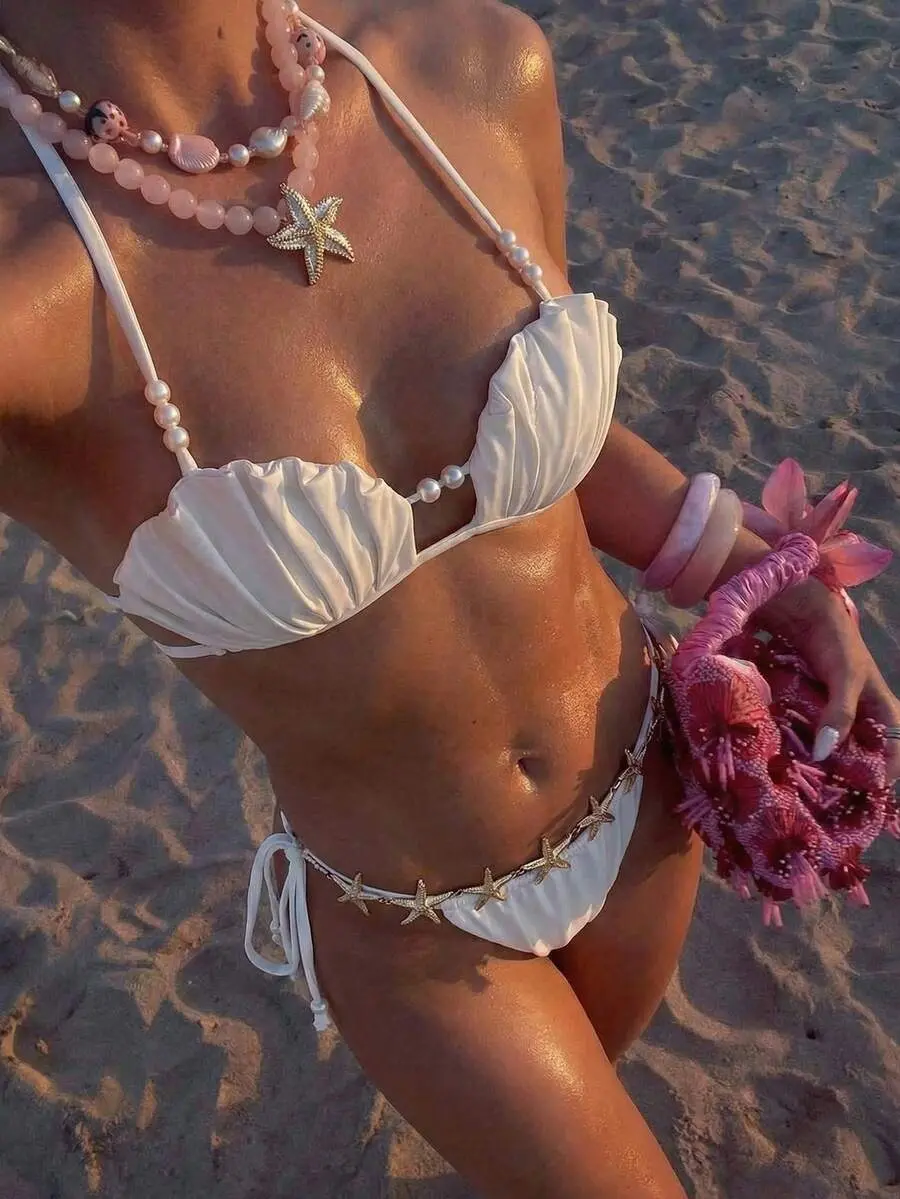 LALUZ Boutique Women's 2026 High-End Glossy White Shell Bikini Set - Pearl-Embellished Halter Elastics Bikini Top, High Waist Beachwear, Sexy Elegant Swimsuit for Beach Resort, Bikinis Sets