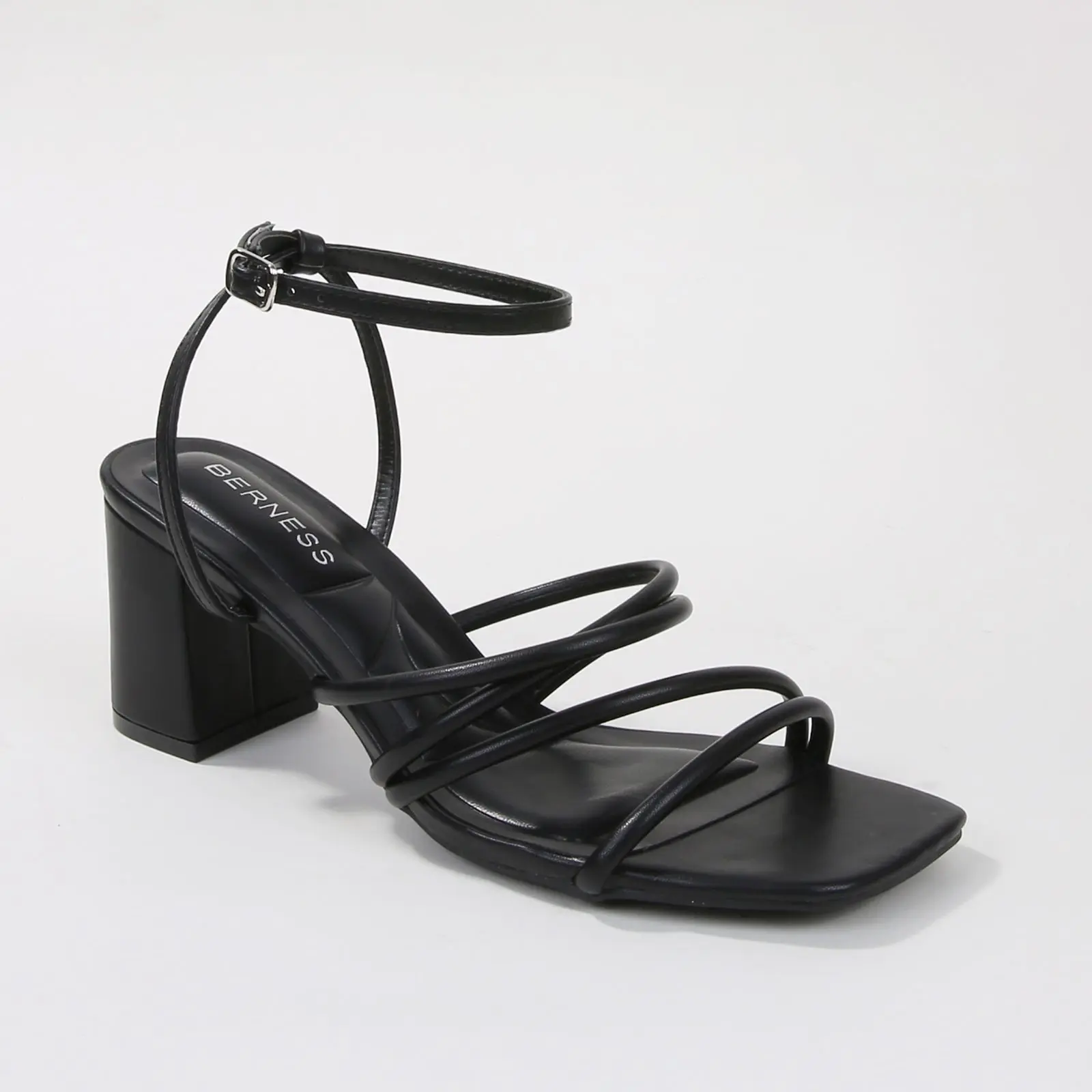 BERNESS Women's Emmarie Strappy Square Toe Leather Block Heel Sandals, Black Wedding & Daily Wear Sandals for Women, Stylish Summer Footwear, Sandals Women