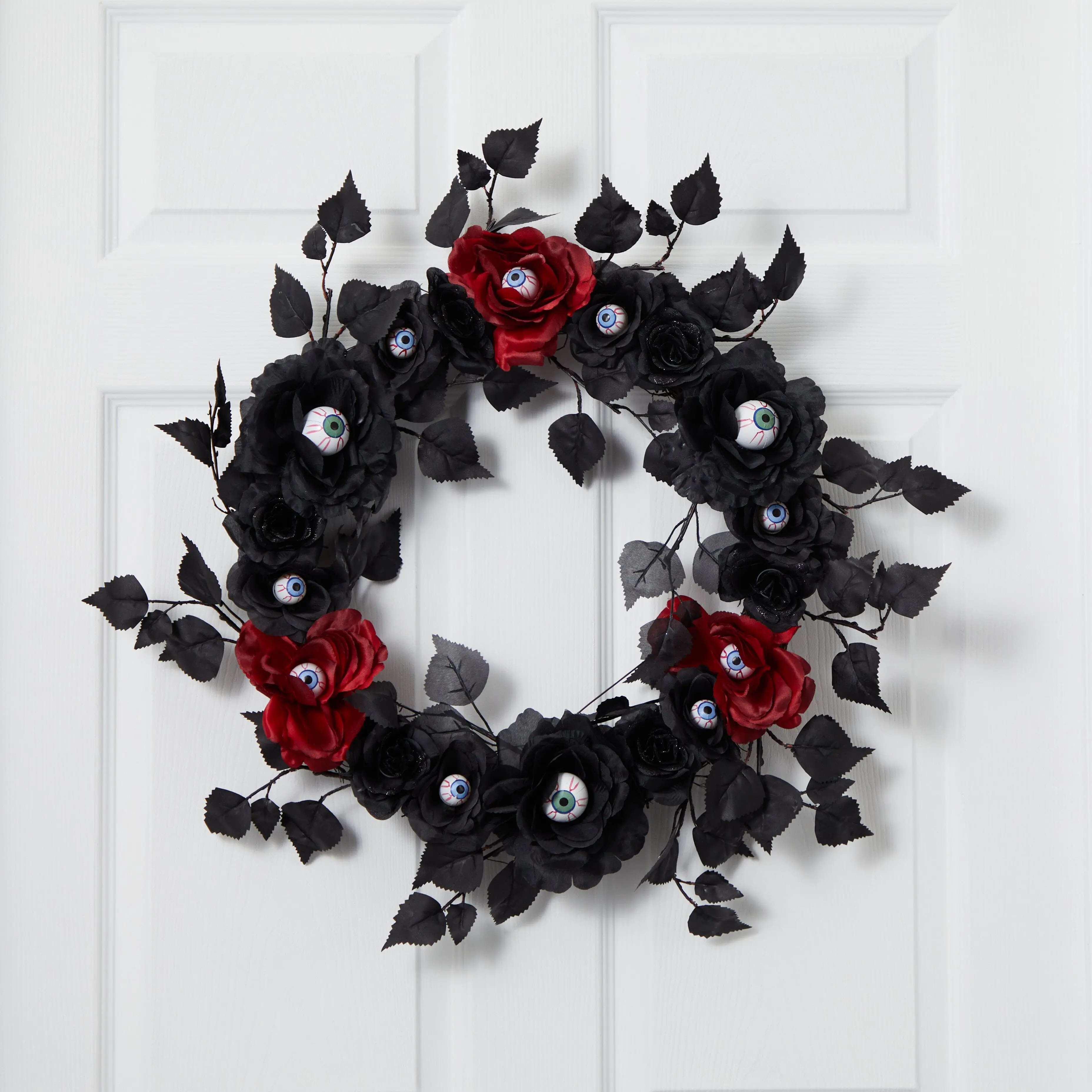 24-in Horror Synthetic Spooky Eyeball Rose Wreath, Halloween Witchy Creepy Cute Edgy Decor - Wall & Front Door Display Wreath with Flowers & Ornaments for Halloween Enthusiasts