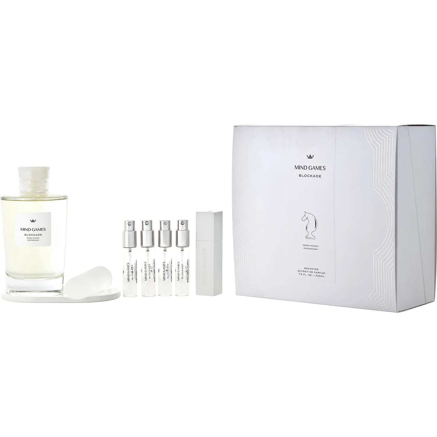 Mind Games Blockade Set- Extrait De Parfum Decanter 7.6 Oz & 4X Refillable Spray Vials 0.25 Oz & Atomizer Case For Unisex