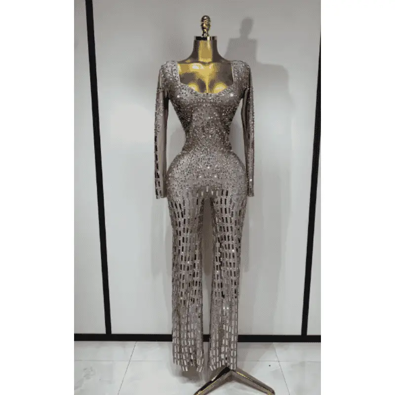 Women's Fitted Spandex Overalls - Silver Metallic Diamond Sequin Shiny Evening Jumpsuit, Ideal for Nightclub, Prom Events, Spandex Fit, Light, Shimmer, Sequins, Outfits, Diamond-Inspired Sparkle, Party, Glamorous Overalls, Sparkly Jumpsuits & Rompers, Shi