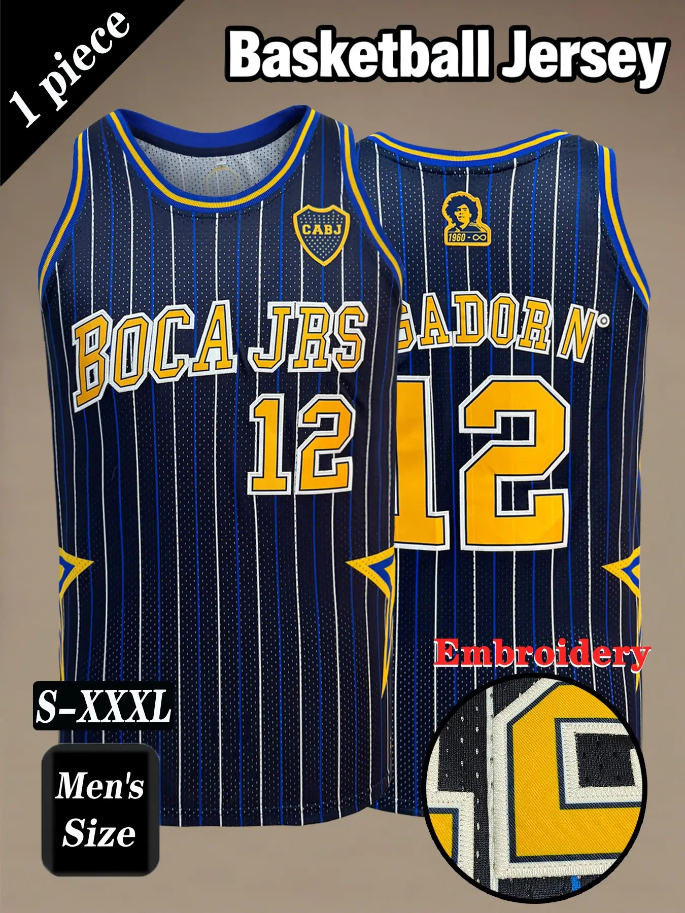 Men's Boca Jrs #12 striped retro basketball jersey, Throwback jersey, Casual Sports Jersey, Casual sporty top, dark blue and yellow embroidered sports top, Breathable workout tops, suitable for daily leisure, running and exercise