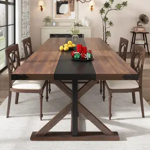 71inch/78inch/94inch Farmhouse Dining Table for 5 6 8 10 People,Rectangular Kitchen Table W/Thickness Waterproof Wood Grain Tabletop,6FT Large Rustic Dinner Table W/Adjustable Leg for Dining Living Room(Brown&black/Brown/Oak)