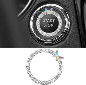Butterfly Bling Ring Emblem,  Buttons and Knobs Ring, Push to Start Button Sticker, Key  Knob Ring Decorations  Interior Decoration Accessories for Women (White)