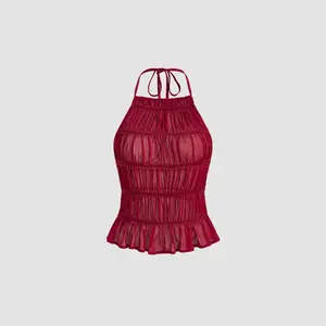 Cider Chiffon Halter Neckline Knotted Ruched Backless Top SummerWins Dealsforyou